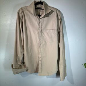 Rene Lenard mens button up dress shirt men sz40 15.5" neck tan beige 100% cotton